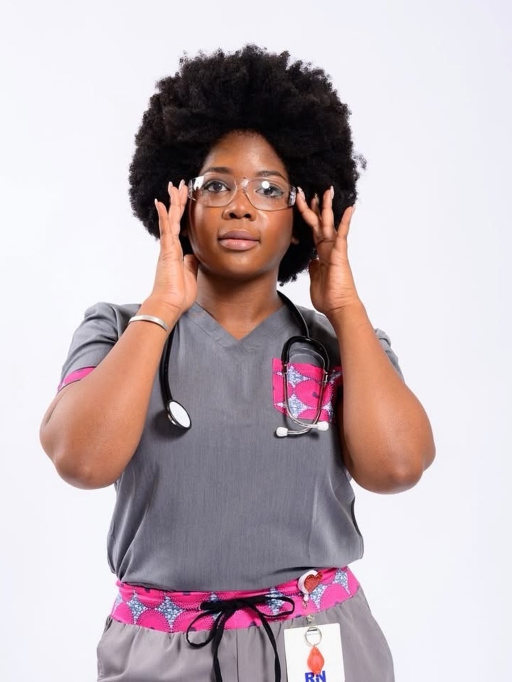 Gray V-Neck Scrub Top with Pink Patterned Pocket and Sleeve Accents